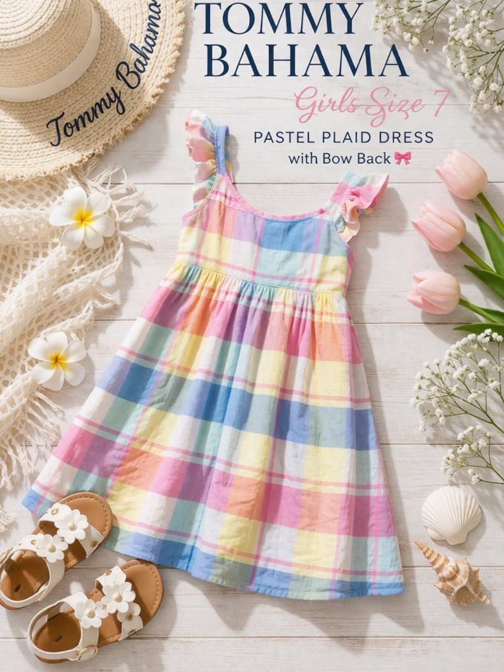 Tommy Bahama Girls Size 7 Pastel Plaid Dress Bow Back Spring Easter Coastal - Picture 3 of 7